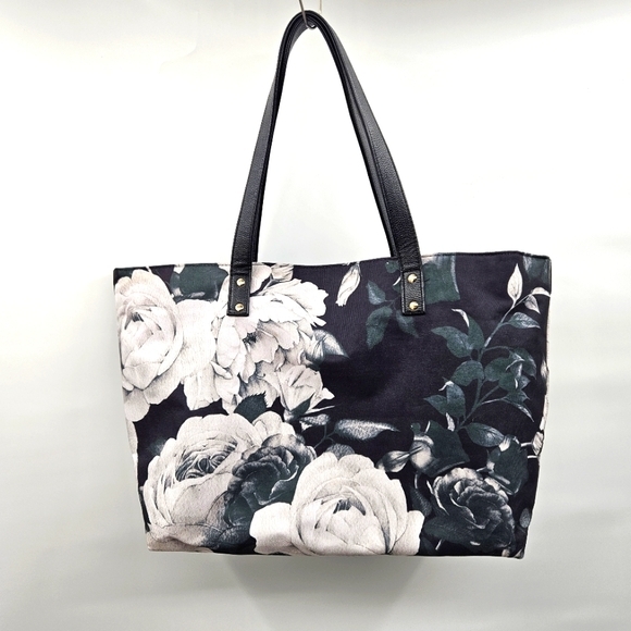 Lulu Dharma Dark Floral‎ Print Canvas Tote Black White and Green EUC - Picture 1 of 11